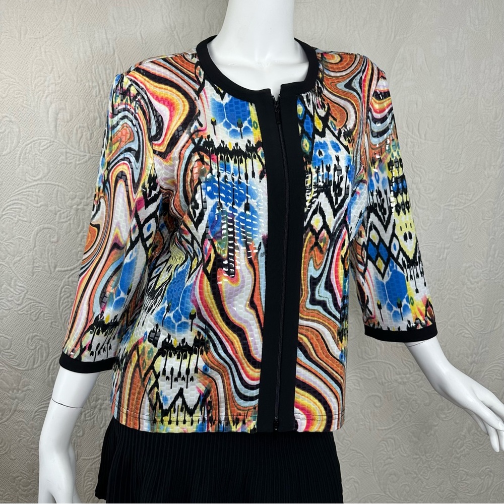 Joseph Ribkoff Multicolor Abstract Print Jacket with Black Trim